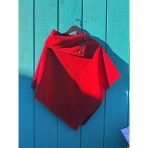 Red Asymmetrical Button Cowl Neck Poncho Wrap Made in France Fleece Cape